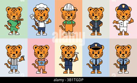 Cute Gepard Mascot Icons Set – Cartoon Animals in Professional Jobs – EPS Vektor für Kinder, Spiele, Bildung und Design Projekte Stock Vektor
