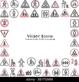 Umfassende Symbole für die Verkehrssicherheit mit Fußgängerübergängen, Warnschildern, keine Fußgängerzonen und menschenorientierten Designs für die Sicherheit im Straßenverkehr Stock Vektor