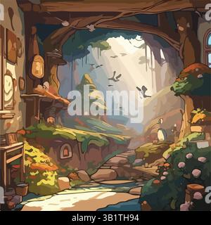 Waldlandschaft Hintergrund mit Pfad und Bäumen. Vektorabbildung in abgewickelter Form. Naturlandschaft. 3D-Vektor-Hintergrund. Vögel, Bäume, Haus, Regal Stock Vektor