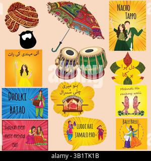 Hochzeit dekorative Elemente Vektor. Traditionelle dekorative Elemente für die Hochzeit. Bunte Motivdekorationen Illustration für haldi, Madi, Mehndi, indianer Stock Vektor