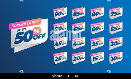 Sonderrabatt mit einem anderen Wert in Prozent. 90, 85, 80, 75, 70, 65, 60, 55, 50, 45, 40, 35, 30, 25, 20, 15, 10 % Preisnachlass Stock Vektor