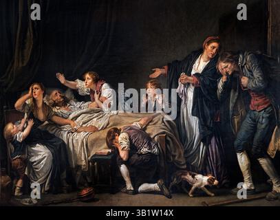 Septimius Severus wirft Caracalla vor 1769 von Jean Baptiste Greuze 1725-1805 Frankreich französischer Louvre Paris, Museum für schöne Kunst, Frankreich (römischer Kaiser Septimius Severus konfrontiert seinen Sohn Caracalla, weil er versucht hatte, ihn zu ermorden. Das Gemälde zeichnet sich durch seine dramatische Darstellung des angespannten Austausches aus, die Caracallas Schande und die mächtige Haltung des Kaisers hervorhebt. Stockfoto