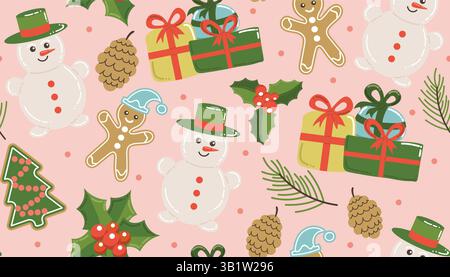Weihnachtsmuster mit Lebkuchenmann und stechpalmenbeere, Schneemann und Geschenken auf rosa Hintergrund. Nahtloser Hintergrund für Winterferien perfekt für den Einsatz in Stock Vektor