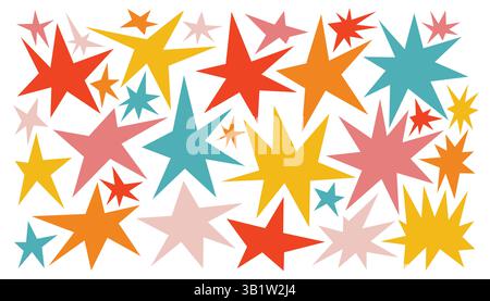 Niedliches buntes Poster mit groovigen Sternen oder Kollektion von Designelementen. Set mit funkelnden Formen. Stock Vektor