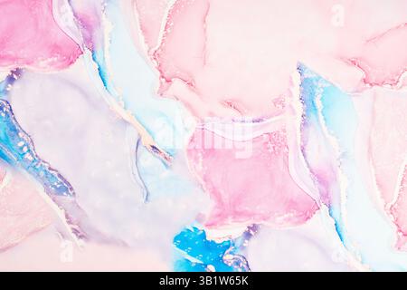 Rosafarbenes und blaues Marmormuster auf Textil, abstrakte Textur als Hintergrund. Stockfoto