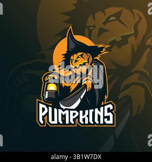Kürbis Maskottchen Logo Design Vektor mit modernem Illustrationskonzept Stil für Abzeichen, Emblem und T-Shirt Druck. Illustration des wütenden Kürbis. Stock Vektor