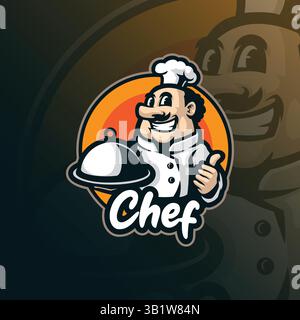 Chef Maskottchen Logo Design Vektor mit modernem Illustration Konzept Stil für Abzeichen, Emblem und T-Shirt Druck. Illustration des intelligenten Küchenchefs. Stock Vektor