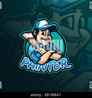 Maler Maskottchen Logo Design Vektor mit moderner Illustration Konzept Stil für Abzeichen, Emblem und T-Shirt Druck. Illustration des intelligenten Malers. Stock Vektor