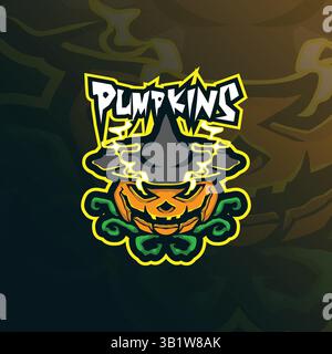Kürbis Maskottchen Logo Design Vektor mit modernem Illustrationskonzept Stil für Abzeichen, Emblem und T-Shirt Druck. Illustration des wütenden Kürbis. Stock Vektor