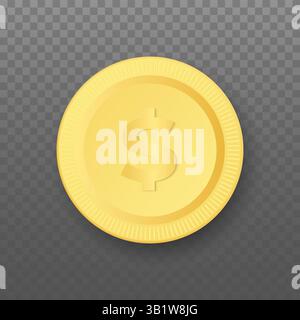Realistische gelbe Messing- oder Goldmünzen mit verschiedenen Ansichten. Geprägtes Dollar-Zeichen und Rand mit Sternenmuster auf einem sauberen weißen Hintergrund mit weichem Schatten. 3D. Stock Vektor