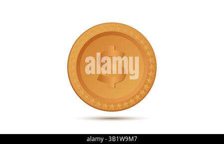 Realistische gelbe Messing- oder Goldmünzen mit verschiedenen Ansichten. Geprägtes Dollar-Zeichen und Rand mit Sternenmuster auf einem sauberen weißen Hintergrund mit weichem Schatten. 3D. Stock Vektor