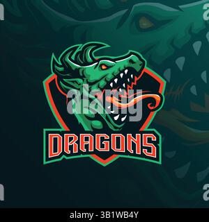 dragon Mascot Logodesign mit modernem Illustrationskonzept für Abzeichen, Emblem und T-Shirt. Illustration des wütenden Drachenkopfes. Stock Vektor