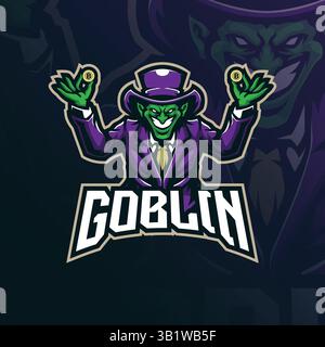 Goblin Mascot-Logo mit modernem Illustrationskonzept für Abzeichen, Emblem und T-Shirt. Goblin-Illustration mit Münze in der Hand. Stock Vektor