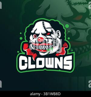 Logodesign mit Clownmaskottchen und modernem Illustrationskonzept für Abzeichen, Emblem und T-Shirt. Clown-Kopf-Illustration für die Sportmannschaft. Stock Vektor