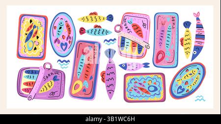 Farbenfrohe Sardinendosen ein auffälliges und verspieltes Vektorset im flachen Stil mit Fischdosen, Sardinen, Thunfisch und Meeresfrüchten in leuchtenden, funkigen Farben, perfekt für Stock Vektor