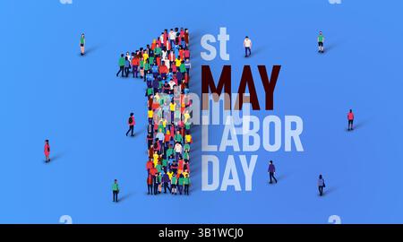 Happy Labor Day Konzeptposter. Eine große Gruppe von Menschen steht in Form der Nummer 1. Mai. Vektorabbildung. Stock Vektor