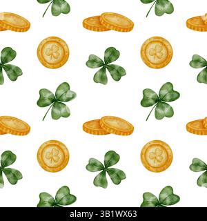 Handgezeichnete Aquarellklee und Hufeisenmuster. Grüne Schamrocks und goldene Glückssymbole schaffen ein festliches, nahtloses Ornament. Perfekt für Stockfoto