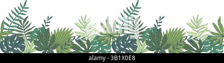 Handgezeichneter Dschungel hinterlässt ein nahtloses Banner mit Monstera, Palme, Farn. Vektorillustration in modernem tropischen Stil. Grünes Naturdesign zur Dekoration Stock Vektor