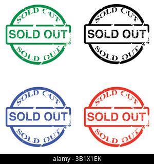 Vier „ausverkaufte“ Stempel in verschiedenen Farben: Grün, schwarz, blau und rot. Jeder Stempel ist kreisförmig, wobei die Wörter in der Mitte deutlich sichtbar angezeigt werden. Stock Vektor