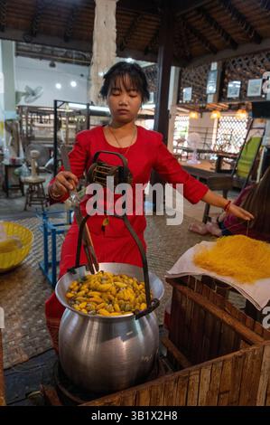 Nach dem Seidenraupenkokons werden sie in der Regel lebend gekocht oder im „Thai Silk Village“ in Ban Sanuan NOK, einem Dorf, gebacken Stockfoto