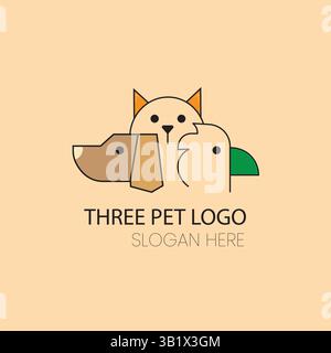Minimalistisches Haustier-Logo-Design mit stilisierten Katzen-Hund-Vogel-Gesichtern mit geometrischen Formen und Pastellfarben auf beigem Hintergrund Stock Vektor