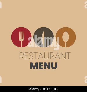 Minimalistisches Restaurant-Menü-Logo mit kreisförmigen Gabeln Löffelmesser-Ikonen in Rot-Braun-Beige auf strukturiertem Hintergrund Stock Vektor