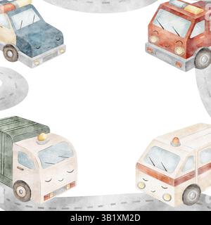 Aquarellillustration Stadtautos, Feuerwehrauto, Müllwagen, Polizei, Krankenwagen. Rechteckiger Rahmen für Transport und handgezeichnete Vorlage im Cartoon-Stil Stockfoto