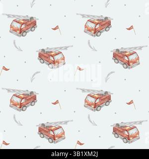 Feuerwehrauto mit Aquarellmuster, Flagge, Pfeil, Auto für einen Jungen. Die Abbildung ist handgezeichnet auf blauem Pastellhintergrund. Nahtlos bedrucktes Kindermaterial Stockfoto
