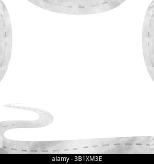 Rahmen Aquarell Illustration Auto Straße, Autobahn Perspektive, Auto Passage. Vorlage im Kinderstil, isoliert auf Hintergrund, handgezeichnet für Design Stockfoto