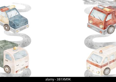 Rahmen Aquarell Illustration Stadtautos. Feuerwehrauto, Müllwagen, Polizei, Krankenwagen. Zeichentrickvorlage im kindlichen Stil isoliert auf der Hintergrundhand Stockfoto