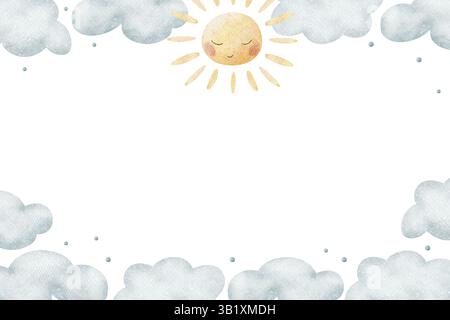 Aquarellillustration blaue Wolken, süße Sonne. Rahmen Sie traumhaften Himmel in Pastellfarben. Horizontale Vorlage zur Gestaltung von Karten für Neugeborene Stockfoto