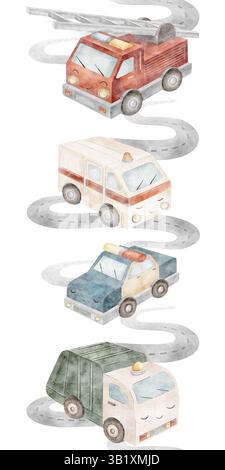 Aquarellbilder Grenzen Stadt Autos Feuerwehrauto Müllwagen Polizei Krankenwagen. Nahtloser vertikaler Bannertransport, handgezeichnet für Designkarten Stockfoto
