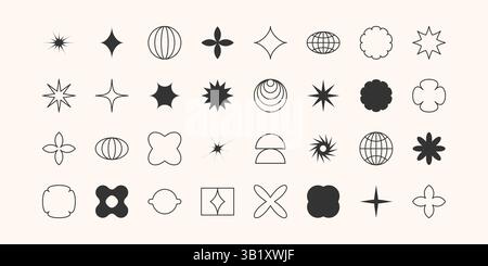 Postmoderne geometrische abstrakte Formen, Retro-Designsymbole in Y2K. Vektorformen, trendige Retro-Designsymbole im Y2K-Stil. Geometrische Formen festgelegt. Stock Vektor