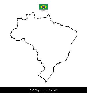 Brasilien Konturvektorkarte mit Fahne in Farbe. Weiße flache Karte mit Rändern auf weißem Hintergrund. Detaillierte Darstellung Stock Vektor