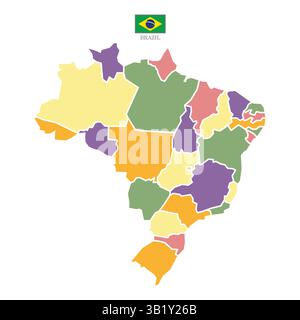Farbige Silhouette und farbige brasilianische Karte. Weiße flache Karte mit Rändern auf weißem Hintergrund. Detaillierte Darstellung Stock Vektor
