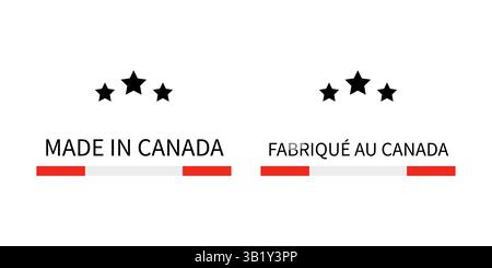 Made in Canada Etiketten in englischer und französischer Sprache. Symbol für Qualitätsmarkenvektor. Perfekt für Logo-Design, Etiketten, Abzeichen, Aufkleber, Embleme, Produkt p Stock Vektor