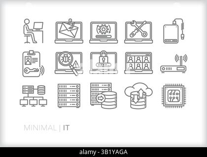 Satz von 15 Informationstechnologie-Symbolen, die häufige Aufgaben einer IT-Abteilung darstellen, einschließlich Softwareaktualisierung, Phishing- und Malware-Schutz Stock Vektor