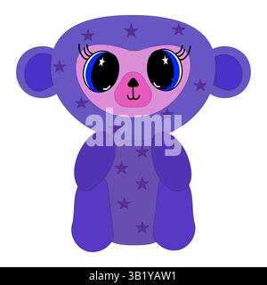 Lila Affenspielzeug. Sternmuster. Niedliche große Augen. Vektor-Tierfigur. Stock Vektor