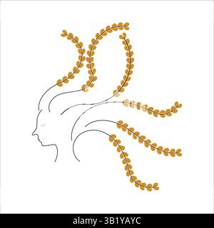 Gesichtskontur der Frau. Haarschmuck mit Blumenmuster. Künstlerische Profilform. Minimale Vektorform. Stock Vektor