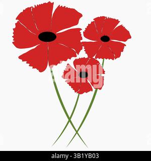 Abbildung mit rotem Mohn. Blumenstrauß. Blühendes Blütenblatt. Natur Frühlingsform. Stock Vektor