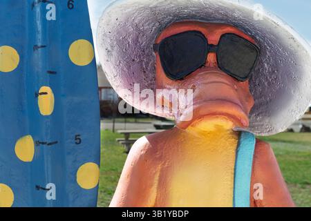 Humorvolle Entenstatue mit Sonnenbrille und Hut steht an einem sonnigen Tag in einem Park Drumheller Alberta Canada in der Nähe eines Höhenschilds Stockfoto