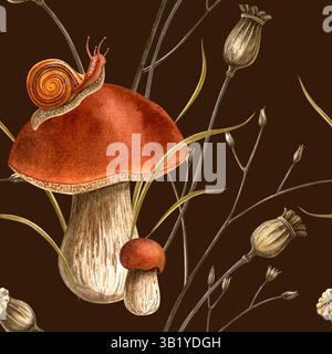 Herbstpilze, Schnecken und Mohnzwiebeln nahtloses Muster. Handgemalte botanische, detaillierte Vintage-Illustration mit Aquarell. Herbst saisonale Kräuter Stockfoto