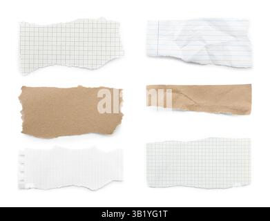 Verschiedene Notizbuchblätter isoliert auf weiß, Set Stockfoto