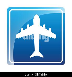 Hinweisschild zum Flughafen – blauer Hintergrund mit weißem Flugzeugsymbol, das Flugreisen, Flugzone, Flughafenstandort, Transport und Terminal anzeigt Stock Vektor