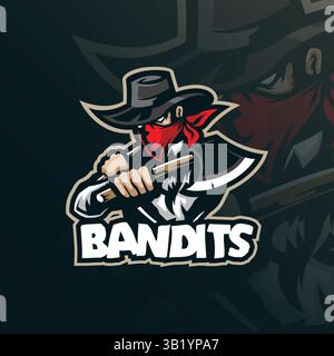 Bandits Maskottchen Logo Design Vektor mit modernem Illustrationskonzept Stil für Abzeichen, Emblem und T-Shirt Druck. Banditen-Illustration mit Axt in der Hand. Stock Vektor