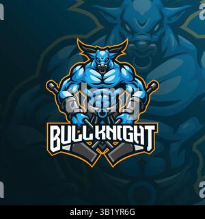 Bull Knight Maskottchen Logo Design Vektor mit moderner Illustration Konzept Stil für Abzeichen, Emblem und T-Shirt Druck. Illustration des Bullenritters. Stock Vektor