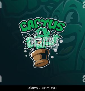 Cactus Mascot-Logo mit modernem Illustrationskonzept für Abzeichen, Emblem und T-Shirt. Illustration des intelligenten Kaktus. Stock Vektor