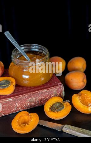 Hausgemachte Aprikosenmarmelade auf Steintisch mit etwas frisch geschnittenem Aprikosenobst - mit Kopierraum Stockfoto