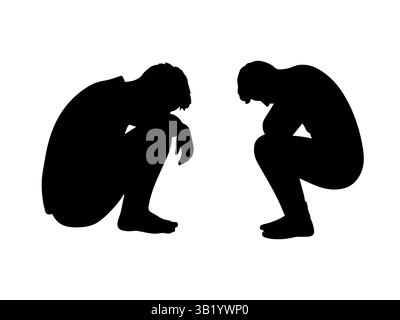 Sitzender deprimierter Mann Silhouette Vektor flache Illustration Design. Stock Vektor