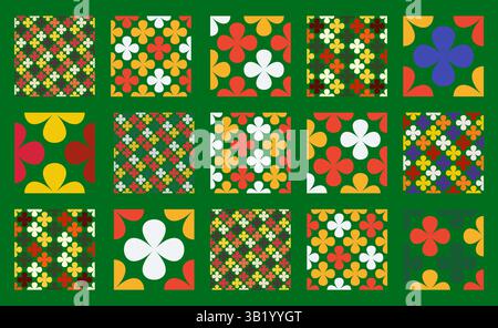 Weihnachtsvektormuster in einem nahtlosen Design mit festlichen kleeähnlichen Blumenformen mit kariertem Layout. Ideal für moderne Urlaubs-Backgr Stock Vektor